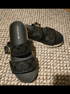 COACH Gwen Black Signature Slide Sandals with Gold Buckle